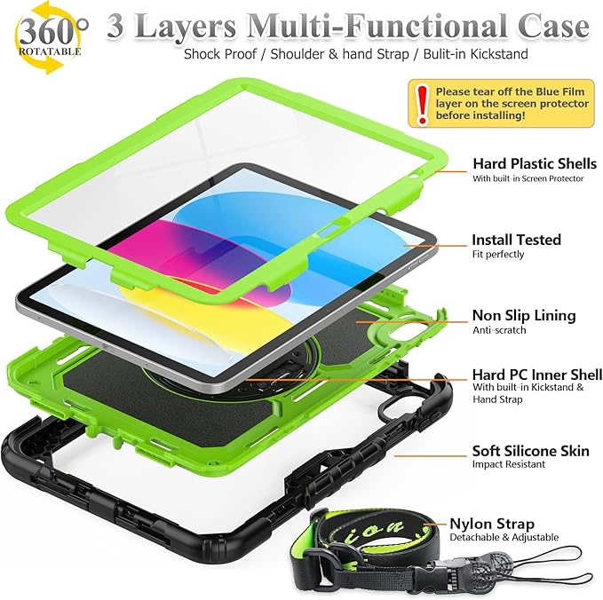 SEYMAC stock Case for iPad (A16) 11th/10th Generation 11''/10.9'' 2025/2022, Full-Body Drop Protection Case with Screen Protector &360° Rotate Hand Strap/Stand, Green+Black