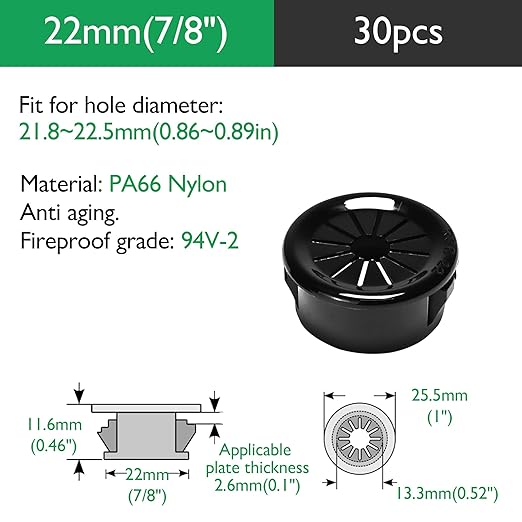 30PCS Cable Grommets, 7/8"(22mm) Desk Hole Cover Petal Shaped Buckle Type Nylon Snap Bushing Grommet, Wire Hole Cover Insert for Cables and Cords Management and Protection of Cabinet, Black