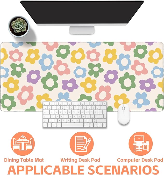Mouse Pad Large Vintage Groovy Flowers Non-Slip Gaming Desk Mat with Stitched Edge Laptop Keyboard Desk Pad for Work Home Gaming (35.4 x 15.7 Inches)