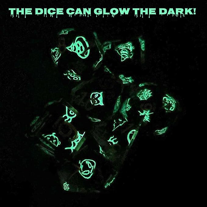 Haxtec Sticker Sharp Edge Dice Halloween Dice Resin DND Dice Set 7PCS Glow in The Dark Polyhedral D&D Dice for Compatible with Dungeons and Dragons