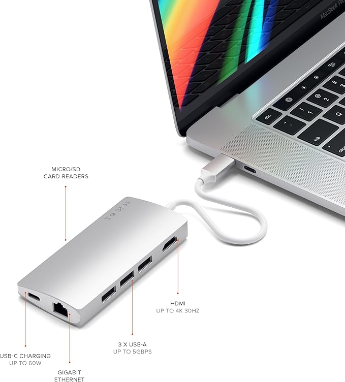 Satechi 8 in 1 USB C Hub Multiport Adapter V2, 4K HDMI, 115W USB C PD Charging, 3 USB-A, Ethernet, Micro/SD Card Readers, for Laptop, MacBook Pro/Air M4/M3/M2/M1, iPad, iPhone 16, Windows - Silver