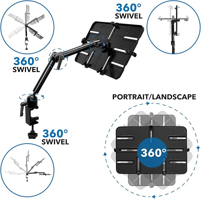 Mount-It! Tablet Pole Mount | Universal Full Motion Holder for iPad, Phone or Tablet | C-Clamp Base | Fits 6-14 Inch Screens