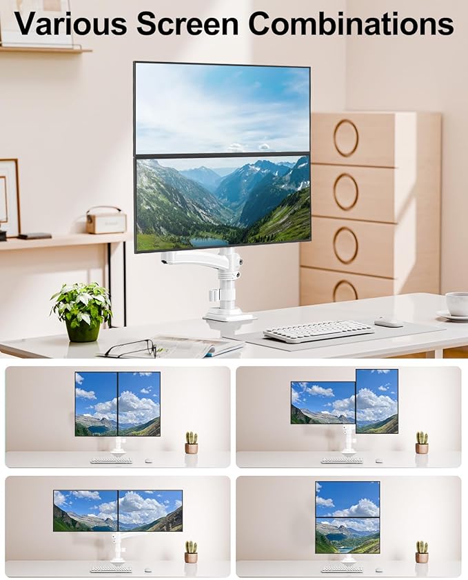 Dual Monitor Stand for Desk, Taller Monitor Arms for 2 Screens up to 32 inch, Ergonomic Adjustable Gas Spring Double Computer Monitor Mount, Holds 4.4-22lbs, VESA 75/100mm, White, Freelift