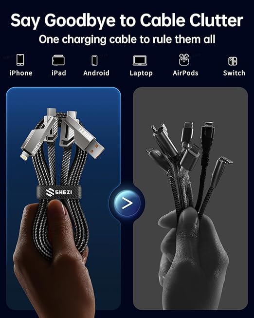 SHEZI [Upgraded 2.0] 4-in-1 USB C Cable 60W 5FT Compatible with Lightning Cable [Fast Charging & Data Transfer] Flat Braided Multi Charger Cord Combo with L/USB C/A Port for iPhone/iPad & All Devices