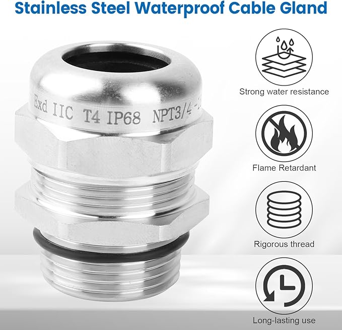 2 Pcs 3/4" NPT Stainless Steel Waterproof Cable Gland, IP68 Waterproof Adjustable Cable Glands, Strain Relief Cord Grip Connectors with Gaskets and Locknut for 13-18mm Cable Diameter
