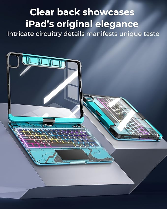 SIBEITU Keyboard Case for iPad Pro 13 Inch (M5 2025 / M4 2024), 360 Rotatable iPad Pro 13 Clear Cover with Multi-Touch Trackpad, 7-Color Backlight & 3 Brightness, High-Tech Visible PCB Design, Blue