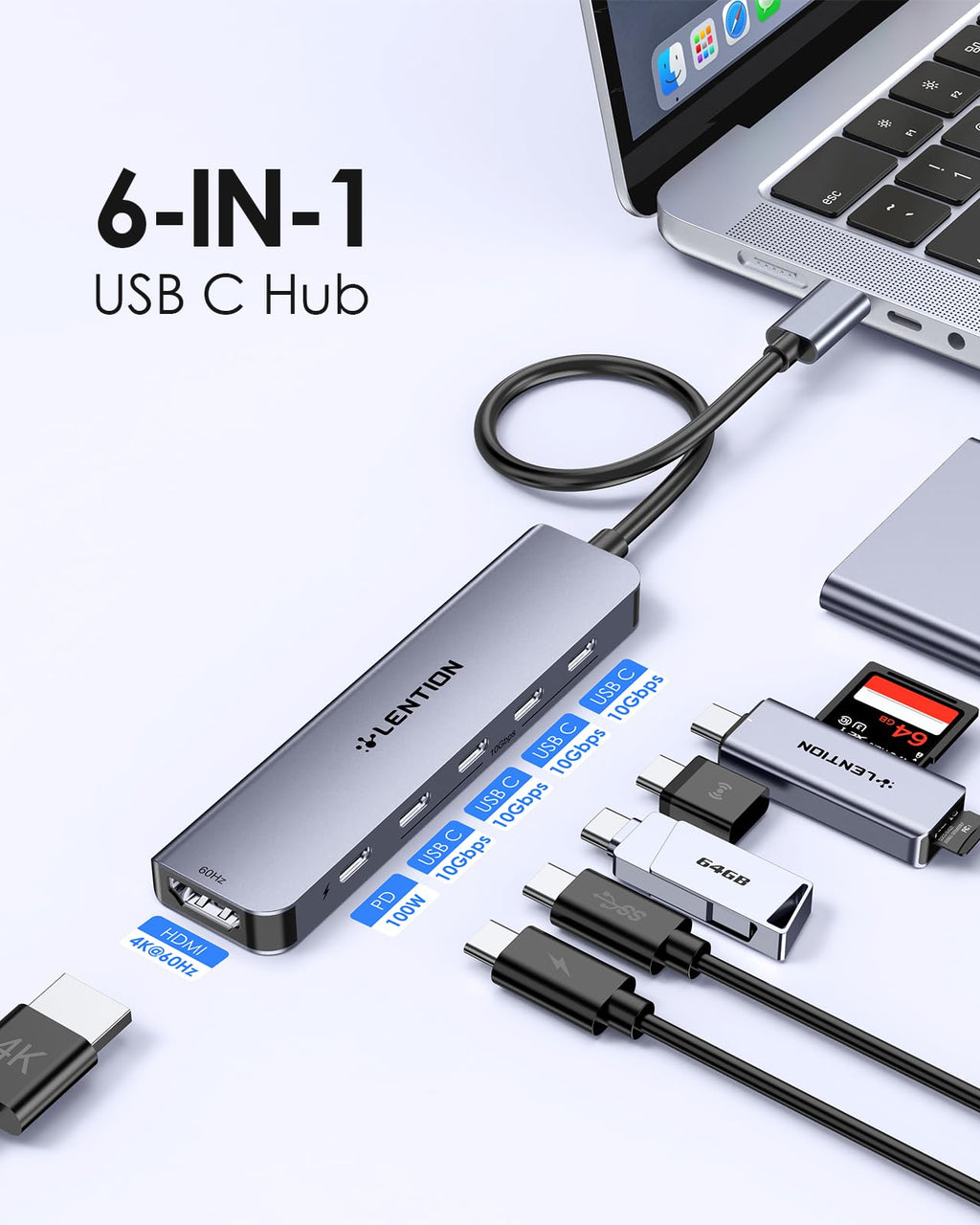 LENTION 6 in 1 USB C Hub 10Gbps, 4 USB-C 3.2 Gen 2 Ports, 4K@60Hz, 100W PD