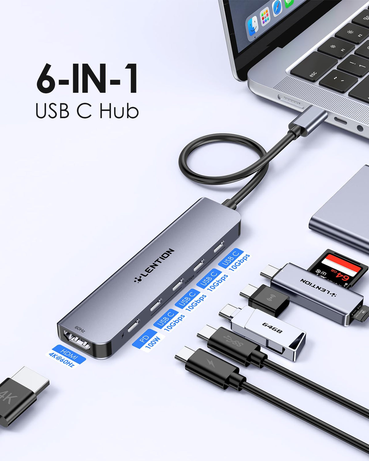 LENTION 6 in 1 USB C Hub 10Gbps, 4 USB-C 3.2 Gen 2 Ports, 4K@60Hz, 100W PD