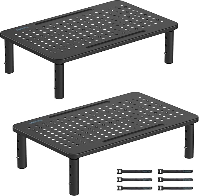BONTEC 2 Pack 3 Height Adjustable Monitor Stand Riser with Pen Holder, Ergonomic Metal Laptop Stand with Cable Management, Desktop Stand for Computer, Printer, Monitor, Laptop, Black Steel, 14.5 in