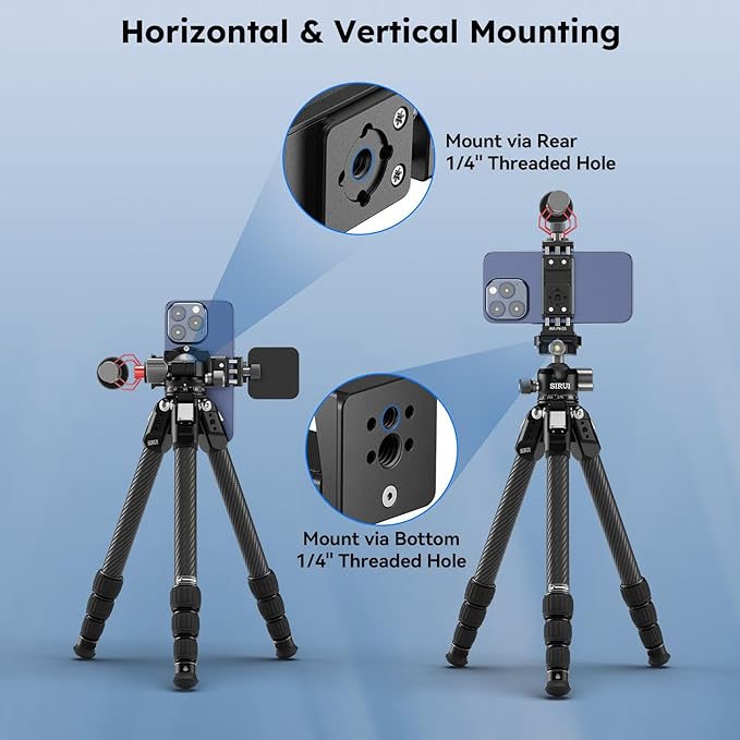 SIRUI Phone Mount for Tripod with Arca Base with 1/4"&3/8" Threaded Holes, Metal Tripod Cell Phone Clamp Holder with 2 Cold Shoes, Smartphone Adapter Compatible with iPhone, Galaxy, Pixel, AM-PH05