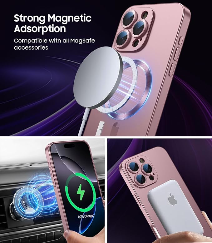 Magnetic for iPhone 16 Pro Case [Compatible with MagSafe][Built-in Camera Lens Protector] Slim Soft Silicone Bumper Shockproof Metallic Luster Phone Case (Rose Gold)
