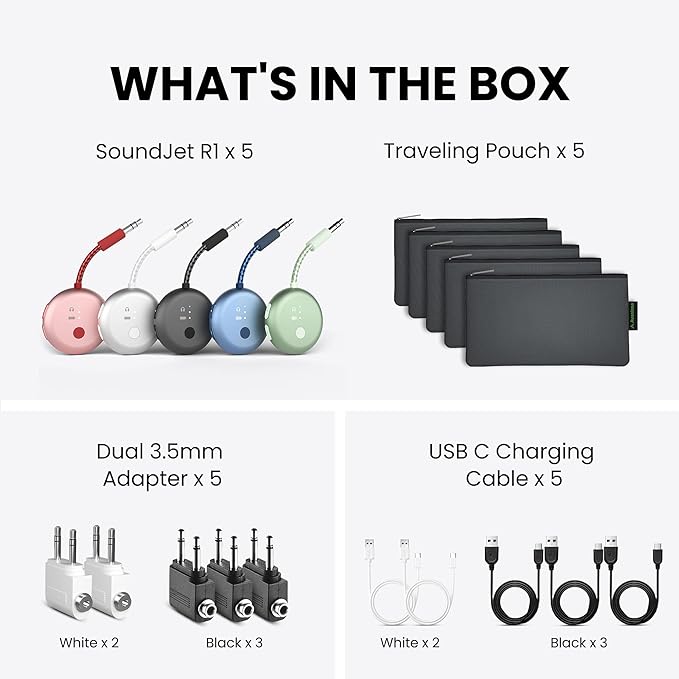 Avantree SoundJet R1 – Pack of 5 Airplane Bluetooth Adapter for Headphones & AirPods, aptX Adaptive, Qualcomm Chipset, 20H Battery, Wireless Audio Transmitter for in-Flight Travel Essentials - 5 Color