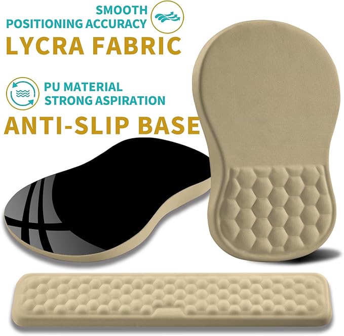 Hokafenle 2 in 1 Ergonomic Mouse Pad Wrist Support & Wrist Rest for Computer Keyboard Set, with Relieve Carpal Tunnel Pain Massage Bulge and Full Memory Gel Design (2In1 Set, Beige)