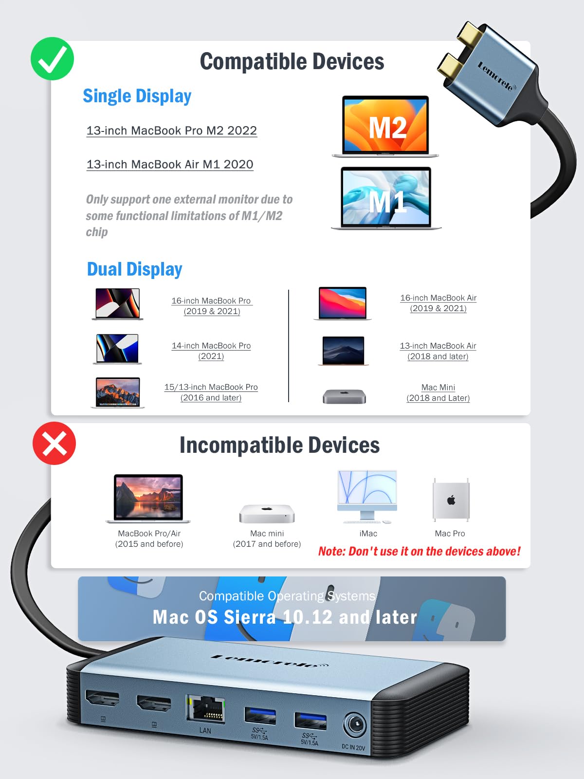 Lemorele Docking Station Dual Monitor 4K 60Hz, 7 in 1 USB C Dongle Multiport Hub Adapter w/2 HDMI + 1 USB 3.0+ 3 USB 2.0+ 1 PD 100W, for MacBook/Dell/HP/Lenovo ThinkPad Type-C Laptop