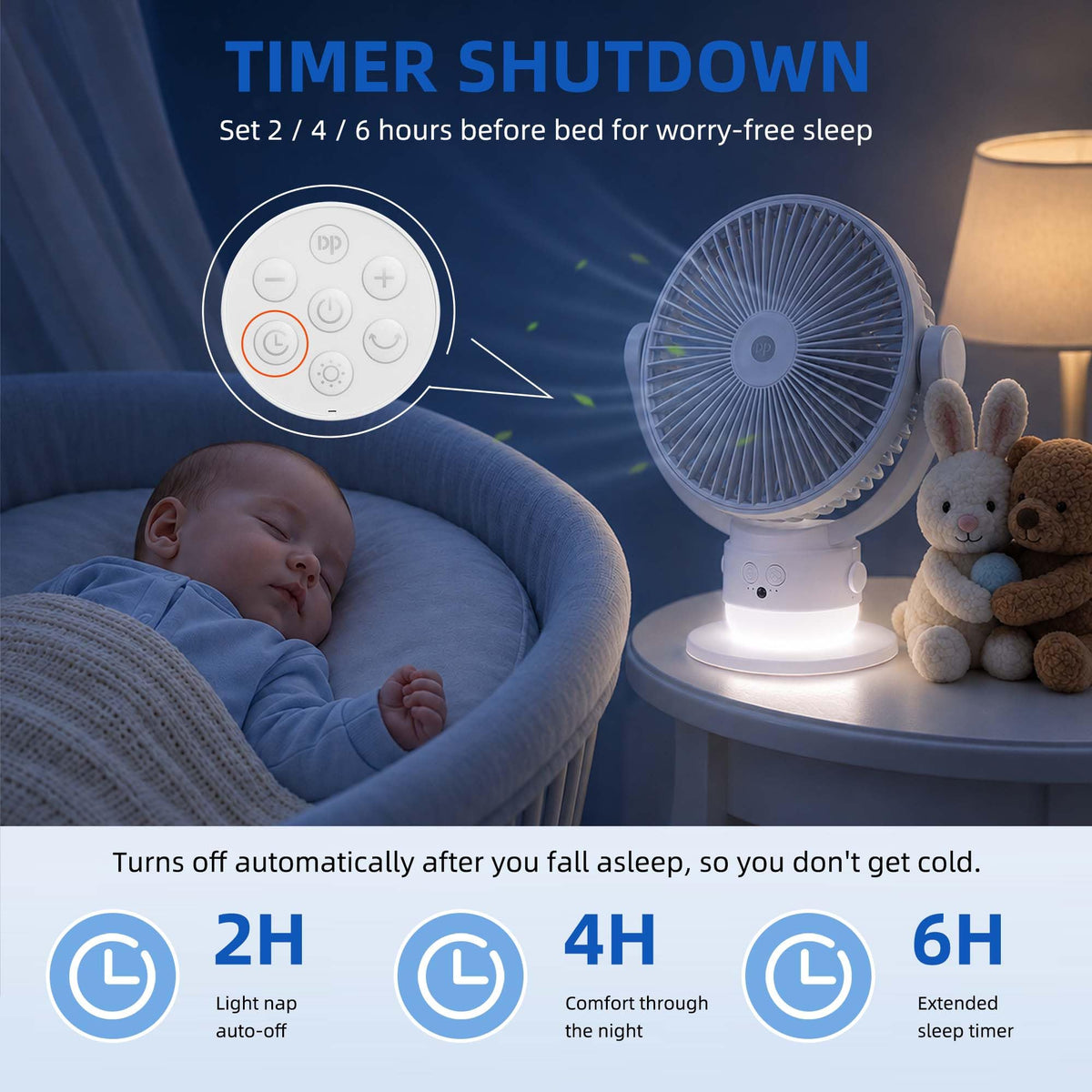 OGZ Portable Fan for Travel Wireless with Remote Timer, 7 Inch Small Desk Fan with LED Night Light 90° Oscillation, Rechargeable USB Fan for Cruise Bed Beside Sleeping Camping Tent