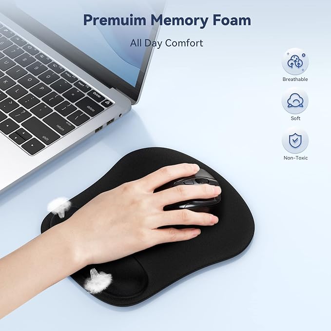 TECKNET 2 Pack Mouse Pad with Wrist Support, Ergonomic Gaming Mouse Pad Pain Relief, Portable Comfortable Mousepad for Computer, Laptop, Office, Home Non-Slip Base, Waterproof Surface - Black