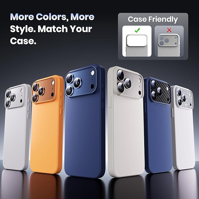 Hoerrye for iPhone 17 Pro Max Camera Lens Protector - [12FT Shatterproof Military Grade] [Strong Adsorption] Metal 9H+ Tempered Glass Camera Screen Full Cover Case Friendly,Glitter Silver