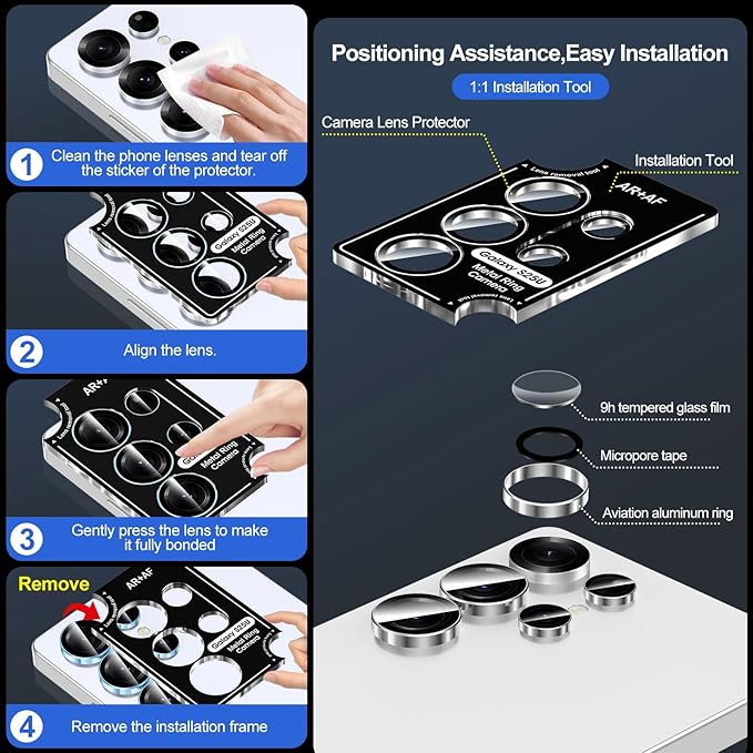 for Samsung Galaxy S25 Ultra Camera Lens Protector, Individual Metal Ring Tempered Glass Lens Cover, [Strong Adsorption] Scratch Resistant Ultra-Thin HD Clear Lens Cover, 1 Set-Slivery Ring