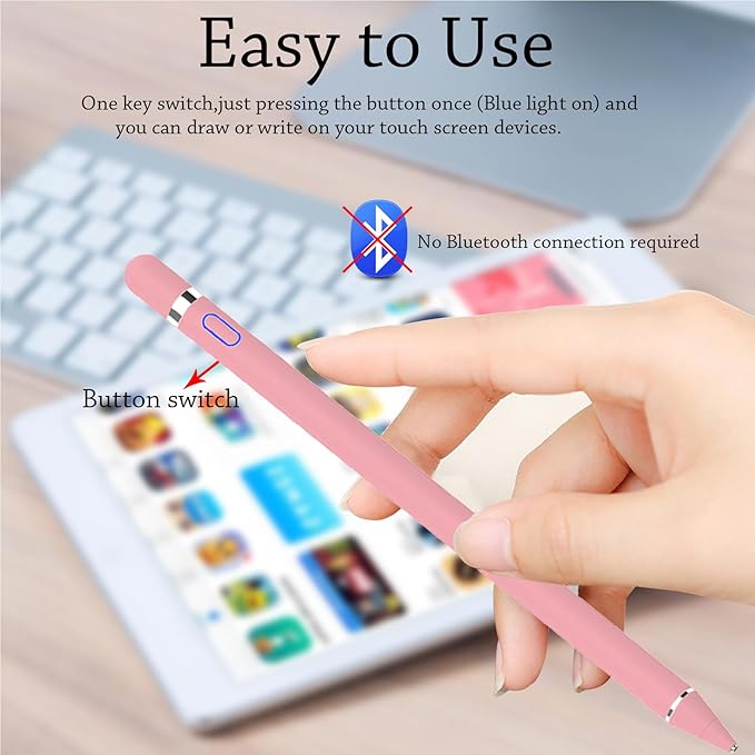 DOGAIN Active Stylus Pen for Touchscreen, iPad Pencil 1.5mm Fine Point Pen, Digital Pens Rechargeable for Tablet, Stylus Pens Compatible with iPad Air/Mini/Pro/Android/iPhone and Most Device - Pink