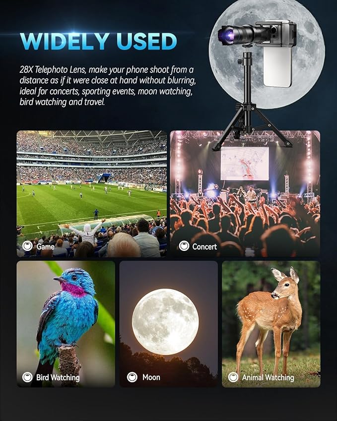 High Power 28X HD Telephoto Lens with Phone Tripod for iPhone Samsung Pixel One Plus Huawei