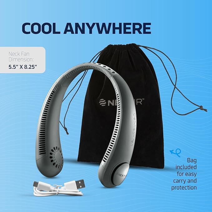 Portable Neck Fan - 3 Speed Rechargeable Bladeless Neck Fan, Adjustable Personal Black Neck Fan For Women & Men Modern Design, Great Cooling Fan For Travel, Outdoors & Sports