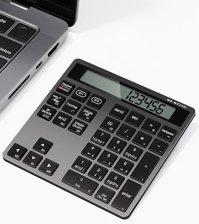 Bluetooth Number Pad, Wireless Numeric Keypad Calculator with Display, USB-C Rechargeable External 34-Keys Numpad, Financial Data Entry Keyboard for iMac, MacBook Air/Pro, PC Desktop, Laptop Notebook