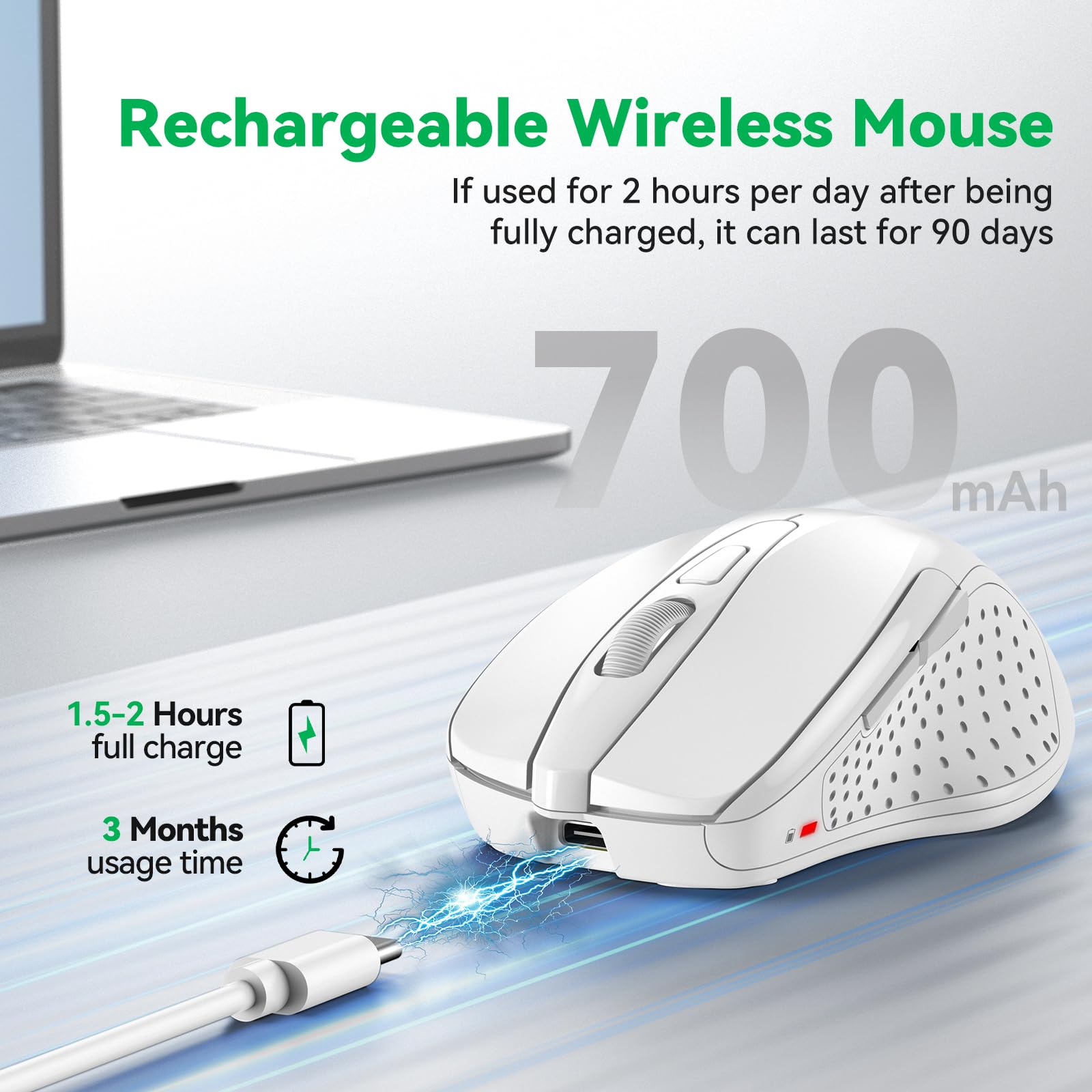 TechRise Bluetooth Mouse (BT5.0/3.0 & 2.4G) Rechargeable Wireless Mouse 2.4GHz with USB A Receiver, 4800 DPI Optical Tracking, 6 Adjustable DPI, Quiet Clicks, 6 Buttons, Wide Compatibility - White