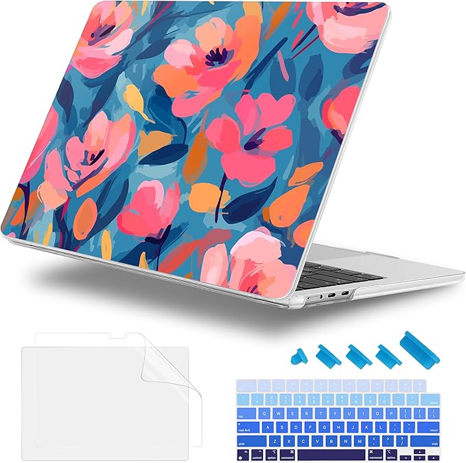 Case for MacBook Air 15 Inch 2025 2024 2023 Release M4 A3241 M3 A3114 M2 A2941, Hard Shell with Screen Protector & Keyboard Cover, Compatible with Touch ID, Flowers Print