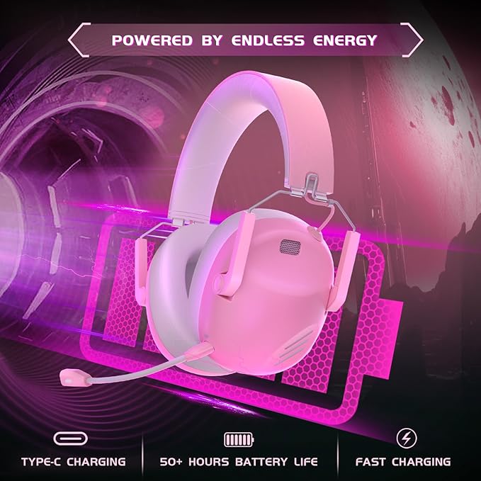Wireless Gaming Headset for PS5, PS4, PC, NES, Bluetooth 5.3 Gaming Headsets Wireless with Noise Canceling Microphone, Gamer Headphones for Nintendo Switch, 50H Battery - Pink