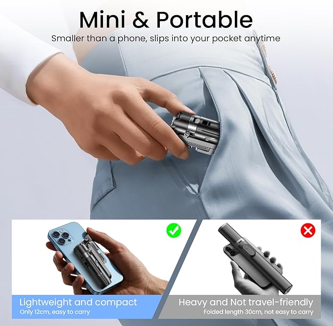 Portable Selfie Stick Tripod with Remote, 3-in-1 Pocket Size Phone Tripod Grip with 2 Cold Shoes, Mini Selfie Stick for iPhone Android, Phone Holder for Vlog, Livestreaming, Photography