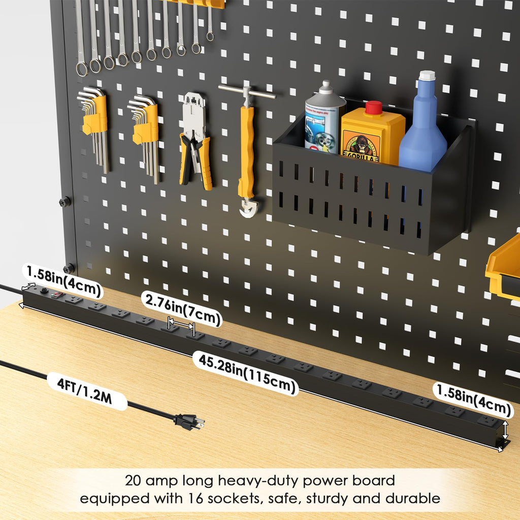 JUNNUJ Long Metal 16 Outlet Power Strip, Heavy Duty Power Strips Surge Protection 4800J with Circuit Breaker, 20a Wide Spaced Socket Wall Mount 5-15P Adapter High Amp 6-20R T-Slot 4FT Extension Cord