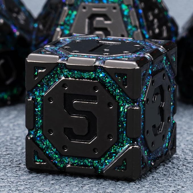 DND Metal Dice Set, Polyhedral Dice Set for RPG D&D Dice with Cracks Dungeons and Dragons Dice Set for RPG TTRPG D&D Die with Gift Case(Black Nickel Dark Green)