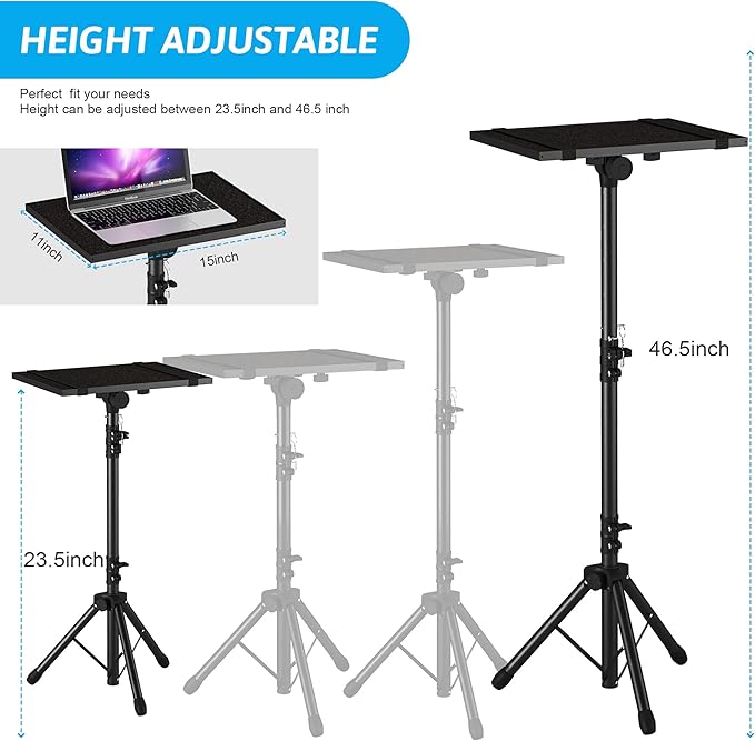 Projector Stand Tripod from 23" to 46", Laptop Tripod Stand Height Adjustable with Gooseneck Phone Holder, Laptop Floor Stand for Office, Home, Stage, Studio, DJ Racks Holder Mount
