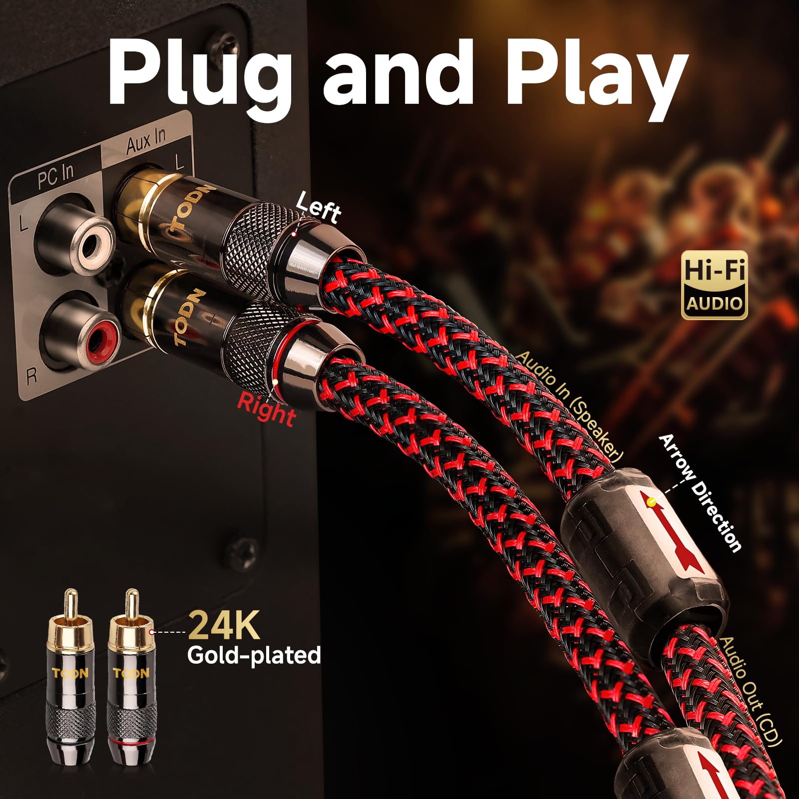 TODN RCA Cables Audiophile 3ft HiFi Stereo Shielded for Car/Home Audio