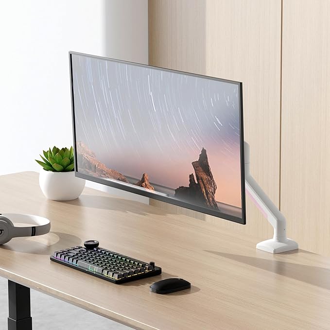 PHOLITEN Single Monitor Arm Fits 13-32 inch,4.4-19.8lbs Screen, Fully Adjustable Gas Spring Arm, Computer Monitor Stand with VESA 75 * 75mm/100 * 100mm Mount,White & Pink