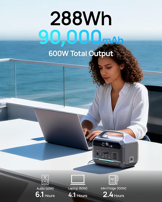 DaranEner Portable Power Station, Outdoor 288Wh(90,000mAh) LiFePO4 Battery, 600W(1200W Surge) AC Outlets, 1.7H Fast Charging Solar Generator for Camping, RV Travel, Home Use（Solar Optional)