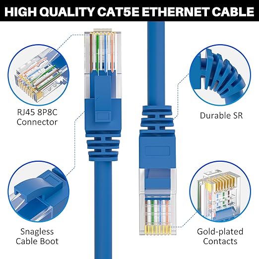 Cat5e Ethernet Cable 200 FT, Cat 5e Internet Cable, Blue Snagless Patch Cord, Flexible, Network, LAN, PoE, Standard RJ45 Connector for PC, Server, Router, Modem, TV, PS5 - with 15 Cable Ties