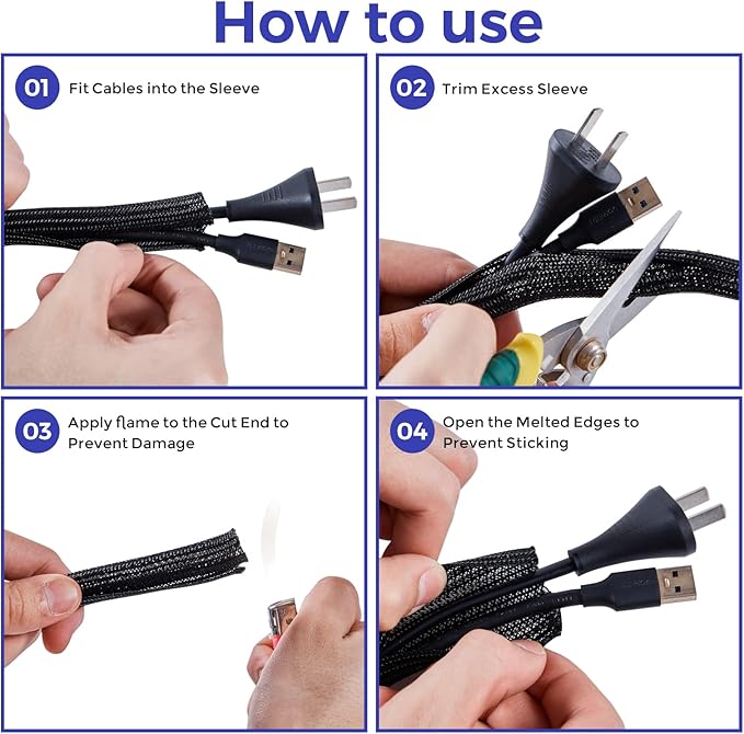 Cable Management Sleeves 1.2in - 2 Pack 4.1ft Split Braided Sleeve White, Hard PE Protectors From Pets, Wire Organizers, Flexible Wrap for Computer Cord Management