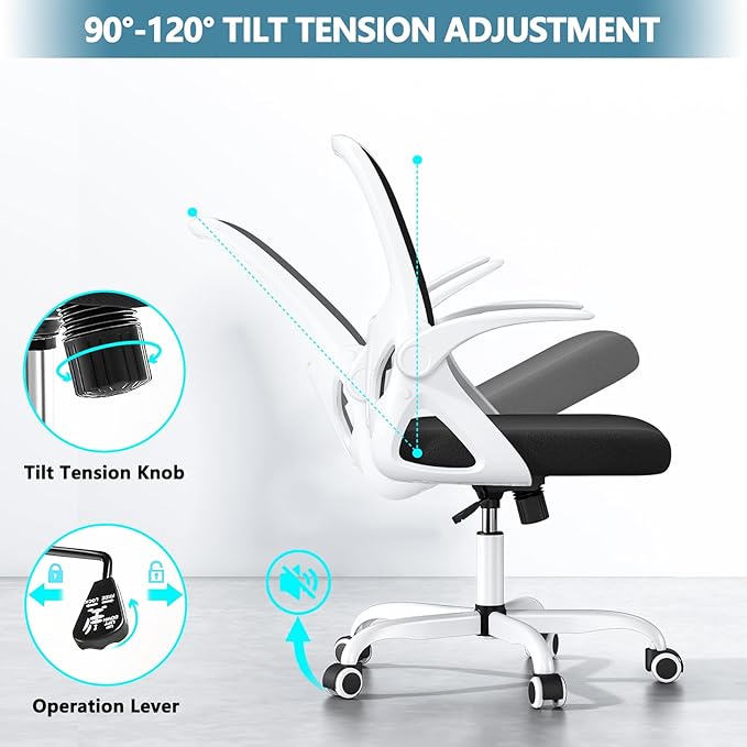 Home Desk Chair with Back Supportive Lumbar Support, Breathable Double Mesh Cushion Home Desk Office Chair with Flip up Arms, Modern Ergonomic Home Desk Office Chair for Work(White)