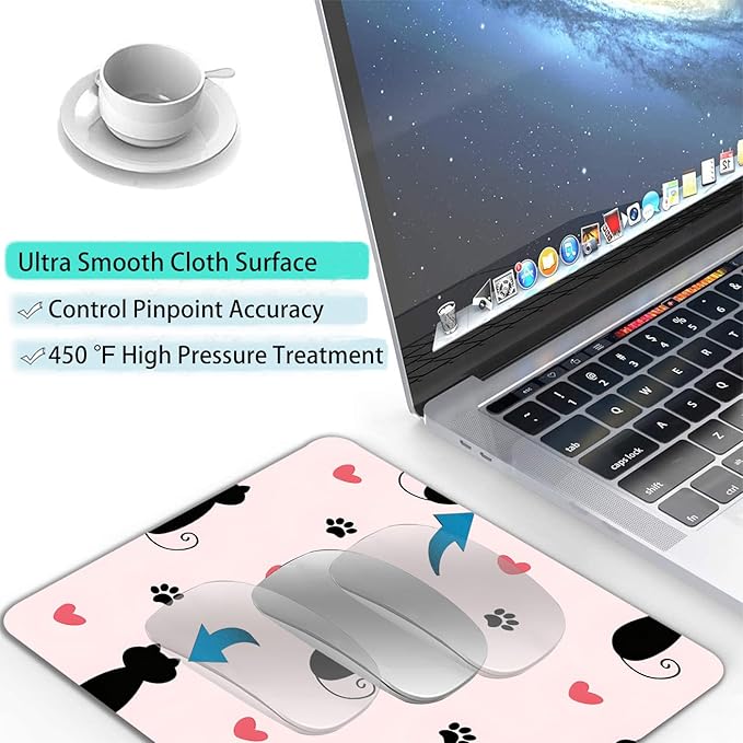 Cute Heart Cartoon Black Cat Paw Custom Mouse Pad with Non-Slip Rubber, Small Square Design for Wireless Laptop & Computer Mouse Pads for Desk, 9.5 x 7.9 inch Smooth Surface for Gaming & Office