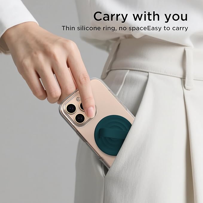 Magnetic Phone Ring Grip Holder, Silicone Finger Loop Grip, Compatible with MasSafe, Back of Phone for iPhone Pro Max/Plus/16/15/15/14/13/12 Series, Dark Green