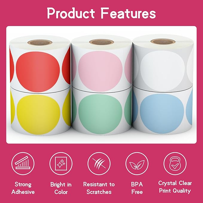 6 Rolls 2 Inch 6-Color Assorted Circle Direct Thermal Stickers Labels, Self-Adhesive Round Direct Thermal Labels for Business, DIY, Code, Name Tag, Envelope Seal - 4500 Labels