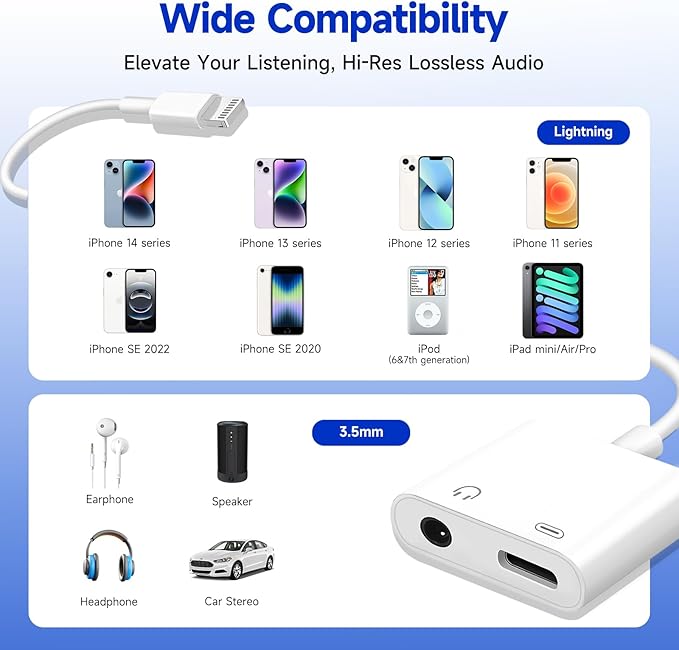 [Apple MFi Certified] 2-in-1 Charging & Audio Adapter for iPhone, Lightning to 3.5mm Headphone Jack Dongle Splitter, Supports Hi-Res Lossless Sound, Compatible with iPhone 14/13/12/11/XS/XR/8/7 3Pack