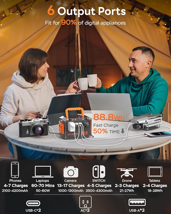 MARBERO 88.8Wh Portable Power Station Backup Lithium Battery Solar Generator 150W Max AC & 30W USB-C Output for Camping Hiking RV Off-Grid Living CPAP Home Outage Emergency (Solar Panel Optional)