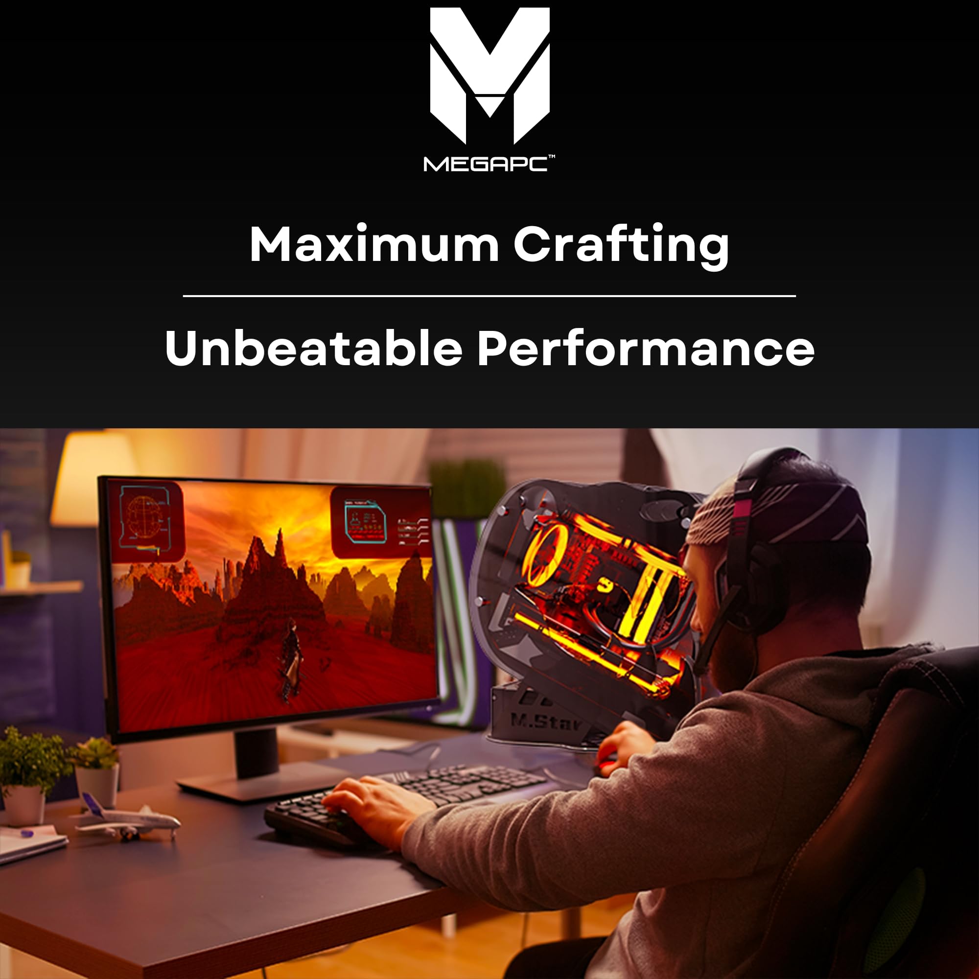 MegaPC Upgraded Open-Frame Mid-Tower Micro-ATX/Mini-ITX Gaming PC Case, Tempered Glass Side Panel, Pre-Installed ARGB PWM Fan, with USB3.0, Type-C, 240mm Radiator Support (Black)
