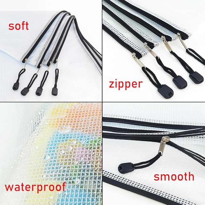 AUSTARK 20 Pcs Zipper File Bags, Plastic Mesh Pouch, Board Game Storage Bag, Waterproof Bags for Office School (A4 Size 13.4''x9.4'', White and Black)