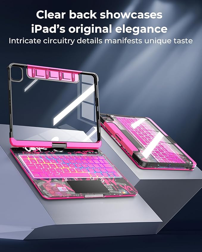 SIBEITU Keyboard Case for iPad Pro 13 Inch (M5 2025 / M4 2024), 360 Rotatable iPad Pro 13 Clear Cover with Multi-Touch Trackpad, 7-Color Backlight & 3 Brightness, High-Tech Visible PCB Design, Pink