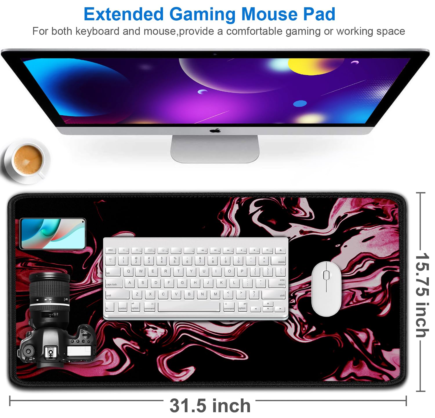 Gaming Mouse Pad, 31.5x15.7 inch Large Extended Computer Keyboard Mouse Mat, Water Resist Non-Slip Mousepad Rubber Base Long XXL Desk Mouse Pad for Gaming, Office & Home, Marble Red