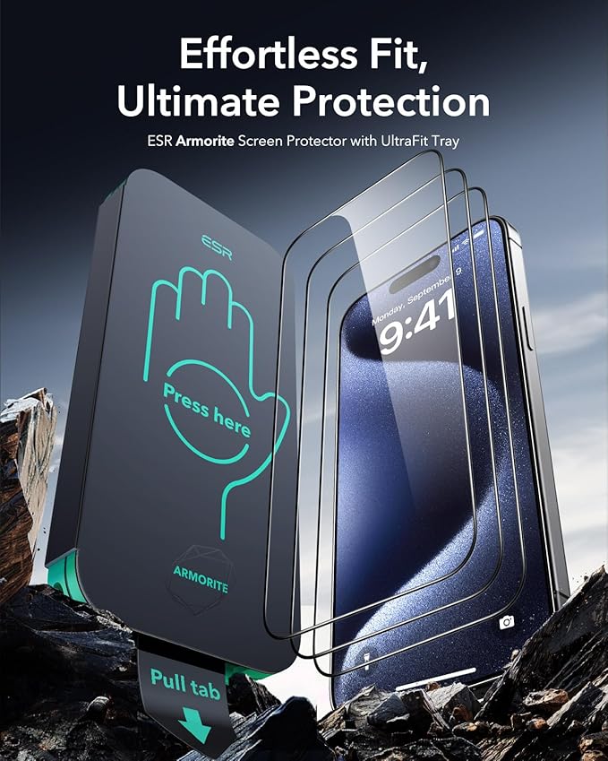 ESR 3 Pack 9H+ Glass for iPhone 15 Pro Max Screen Protector, [Military Grade Shatterproof & Longest Durable] Armorite Ultra-tough Full Coverage Tempered Glass with UltraFit Tray