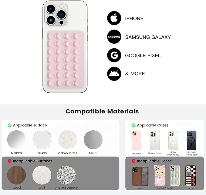 Silicone Double-Sided Suction Phone Case Detachable Mount, Car Dashboard Holder, Hands-Free Sticky Grip Phone Accessories for Selfies & Videos, - iphone & Android Compatible (3.74"x2.2", Baby Pink)